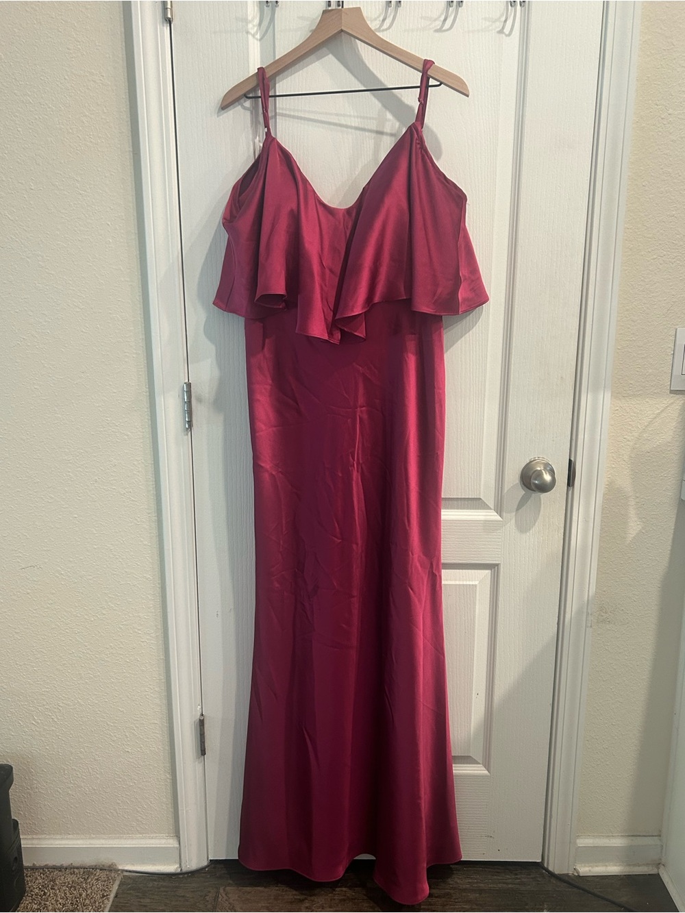 Revelry Fuchsia Satin Ruffle-Strap Maxi Dress